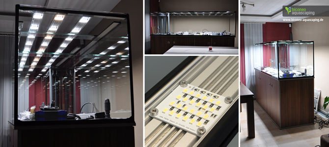 Das Becken ist 2,50m lang und 70 cm tief. Eingesetzte Beleuchtung ist Daytime cluster - drei Leisten mit jeweils 10 LED Modulen. Gesamtleistung liegt bei 300 Watt und unglaublichen 36.000 Lumen!